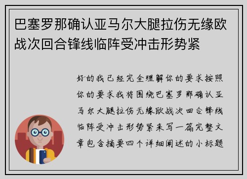 巴塞罗那确认亚马尔大腿拉伤无缘欧战次回合锋线临阵受冲击形势紧 巴塞罗那确认亚马尔大腿拉伤无缘欧战次回合锋线临阵受冲击形势紧